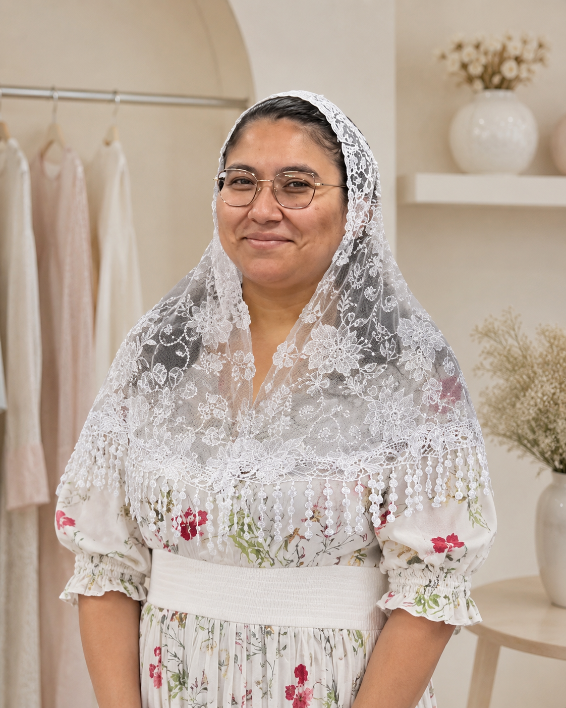 Beaded Floral Lace Veil - White