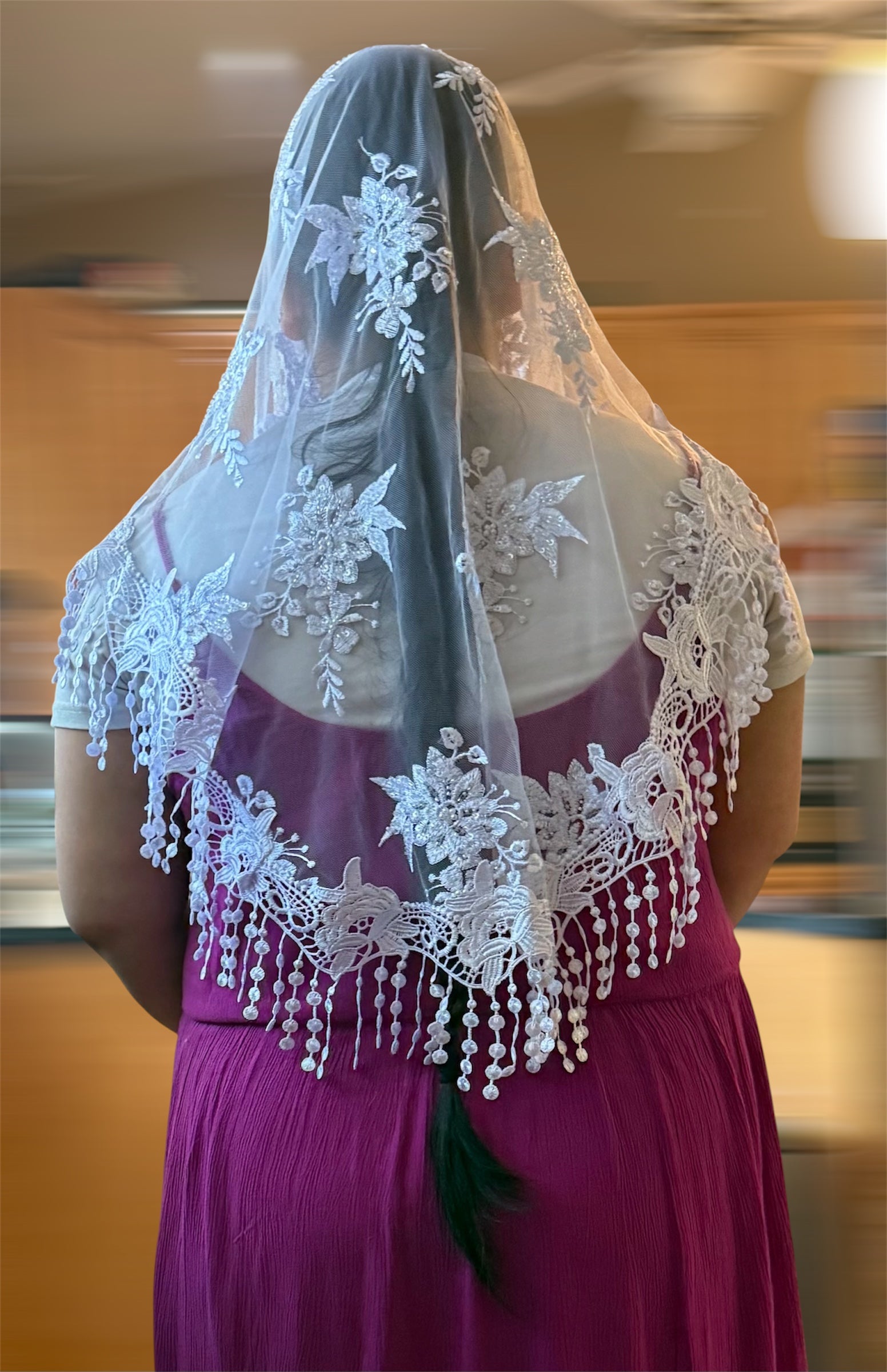 Floral Lace Appliqué Veil with Pearl Fringe